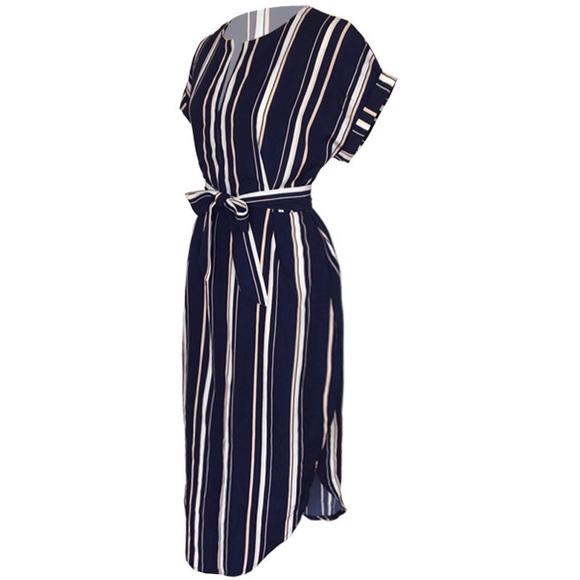 Navy & White Striped Short Sleeve O-Neck Midi - Picture 4 of 8